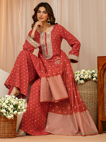Libas Vermillion Orange Woven Design Chanderi Silk Palazzo Suit Set