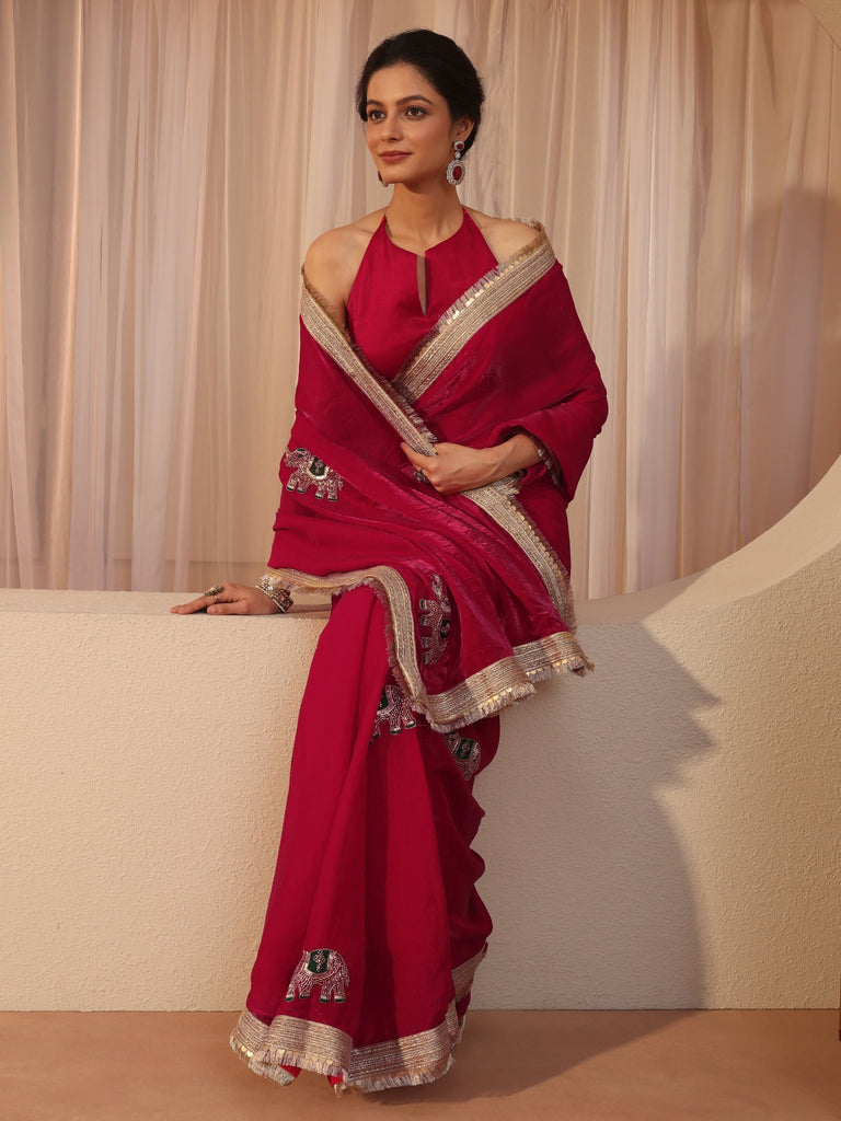 Libas Vermillion Red Elephant Motif Tissue Saree
