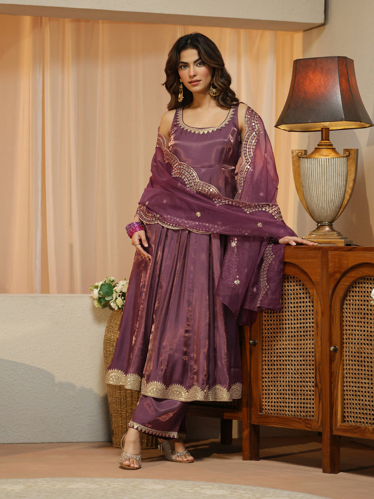 Libas Vintage Purple Silk Blend Sleeveless Anarkali Suit Set