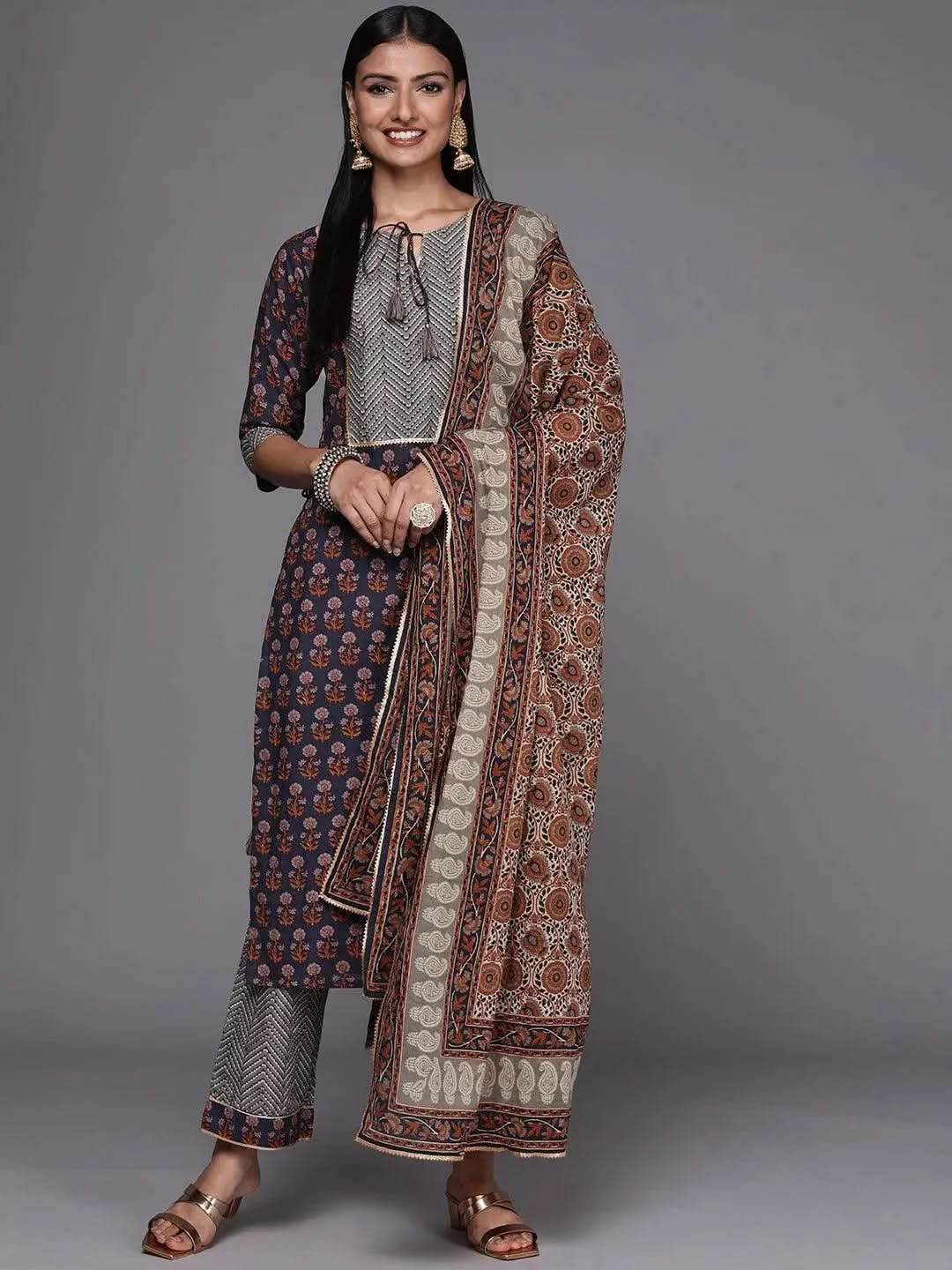 

Violet Yoke Design Cotton Straight Kurta With Trousers & Dupatta