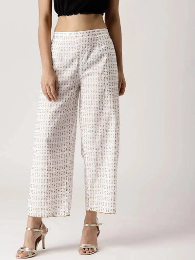 White Abstract Cotton Palazzos - Libas