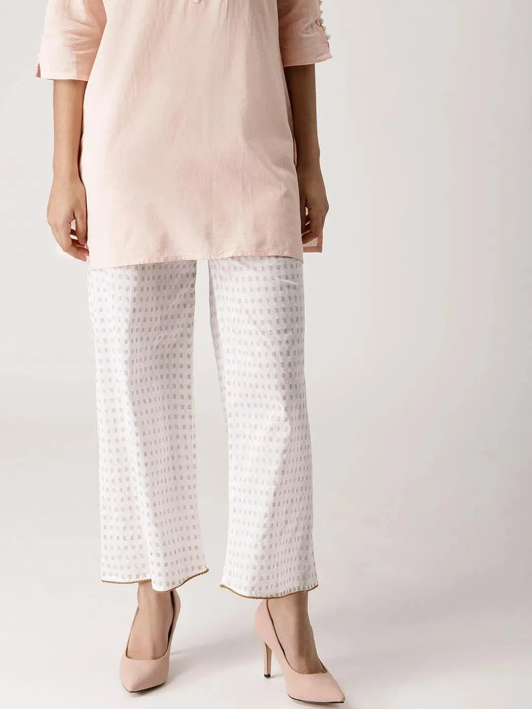 White Abstract Cotton Palazzos - Libas