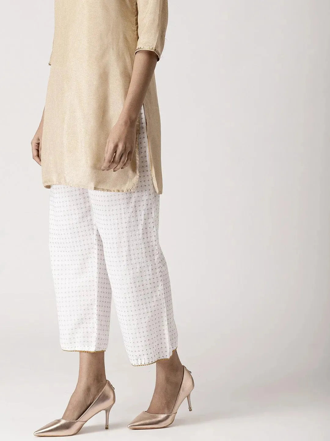 White Abstract Cotton Palazzos - Libas