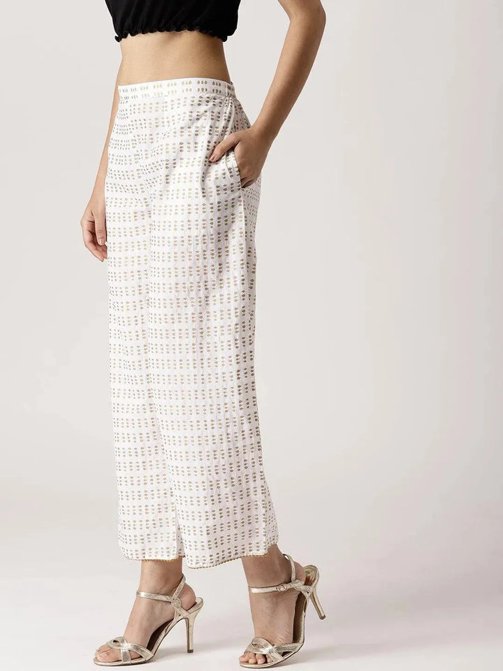 White Abstract Cotton Palazzos - Libas