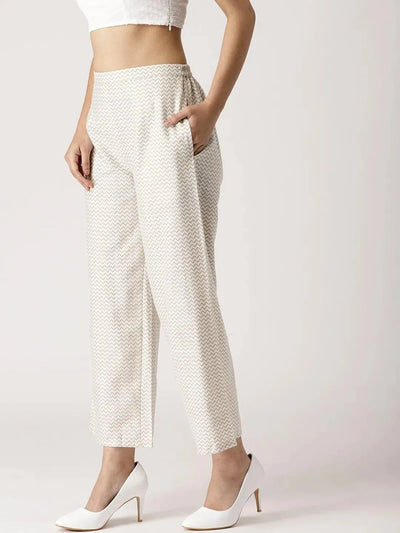 White Abstract Cotton Palazzos - Libas