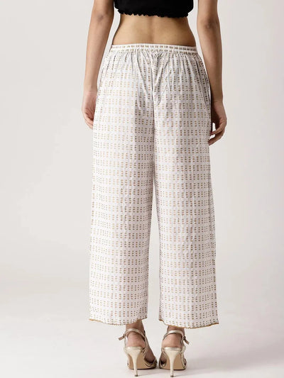 White Abstract Cotton Palazzos - Libas