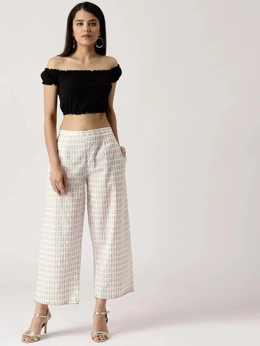 White Abstract Cotton Palazzos - Libas 