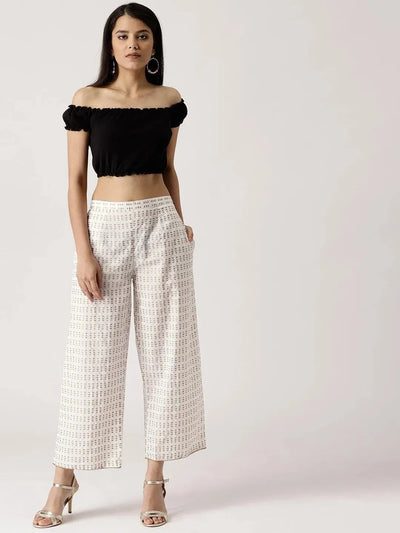 White Abstract Cotton Palazzos - Libas