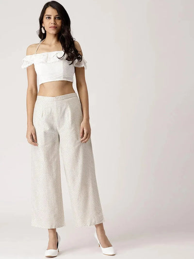 White Abstract Cotton Palazzos - Libas