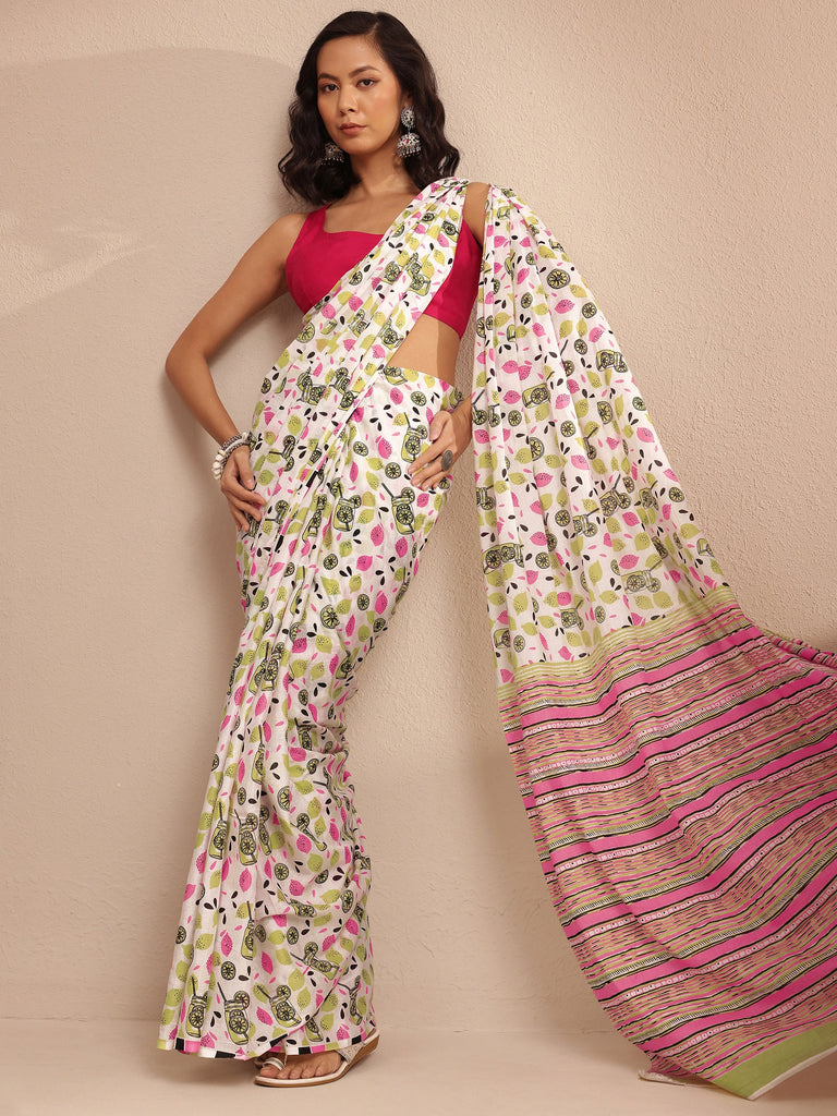 Libas White Abstract Printed Cotton Saree With Unstitched Blouse Piece