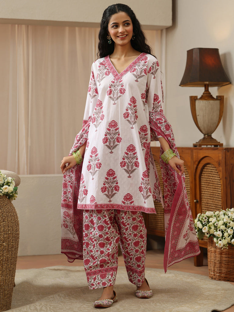 Libas White and Pink Floral Block Printed Cotton Straight Suit Set