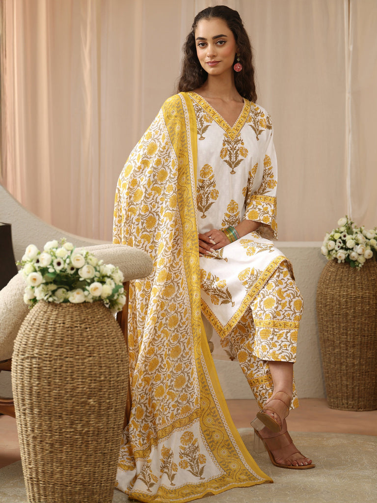 Libas White and Yellow Floral Block Printed Cotton Straight Suit Set