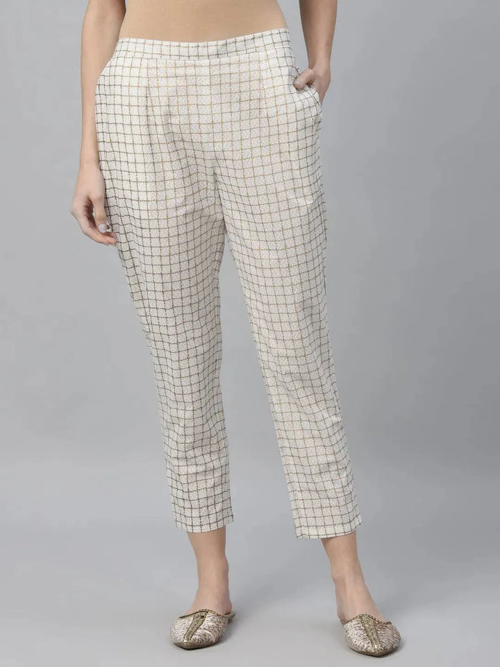 White Checkered Cotton Trousers - Libas