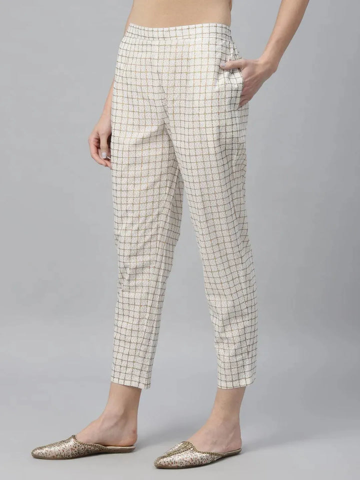 White Checkered Cotton Trousers - Libas