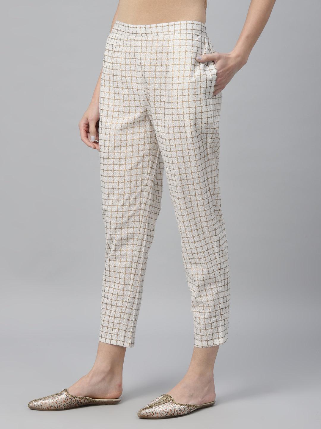 White Checkered Cotton Trousers - Libas