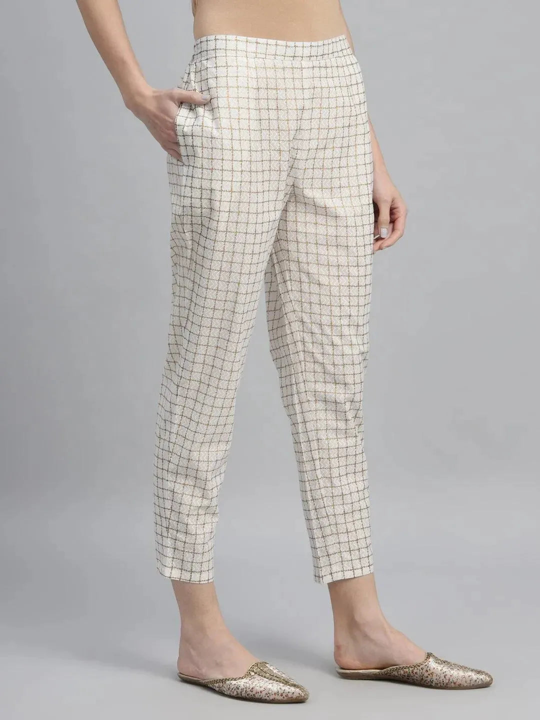 White Checkered Cotton Trousers - Libas