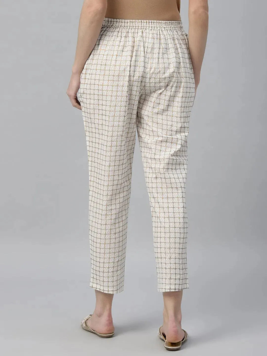 White Checkered Cotton Trousers - Libas 