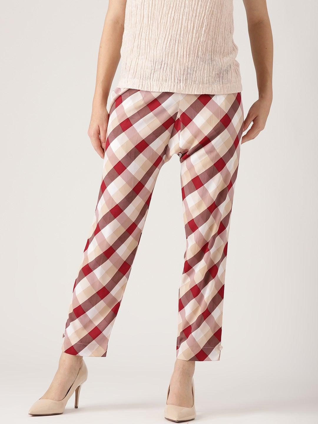 White Checkered Polyester Trousers - Libas