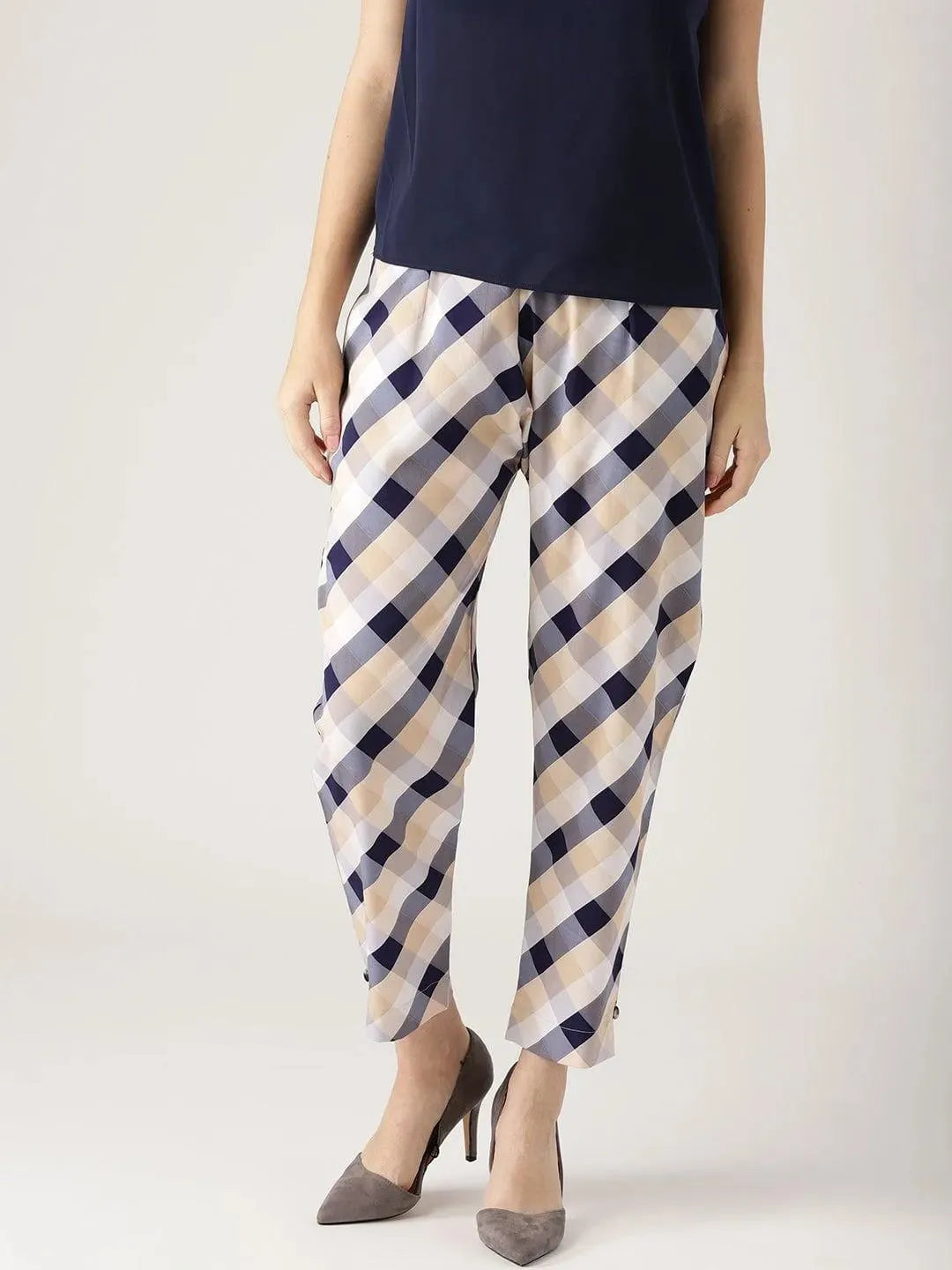 White Checkered Polyester Trousers - Libas