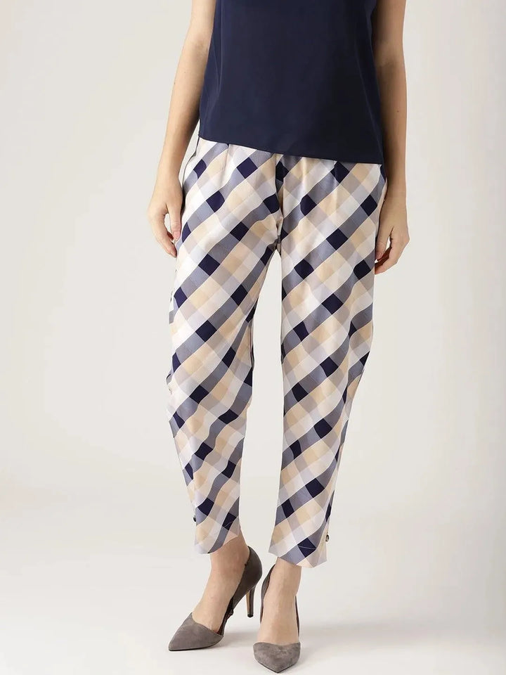 White Checkered Polyester Trousers - Libas
