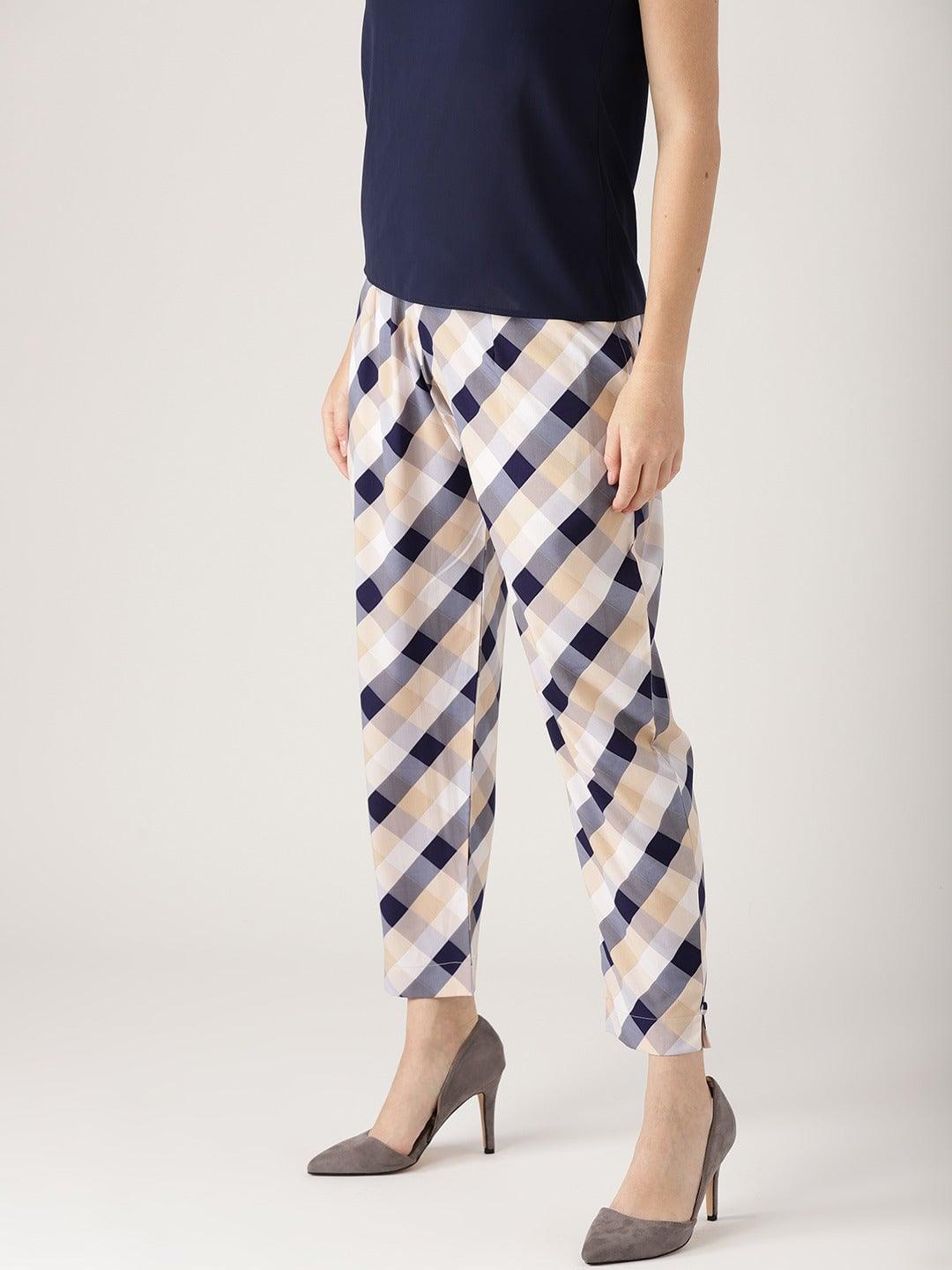 White Checkered Polyester Trousers - Libas