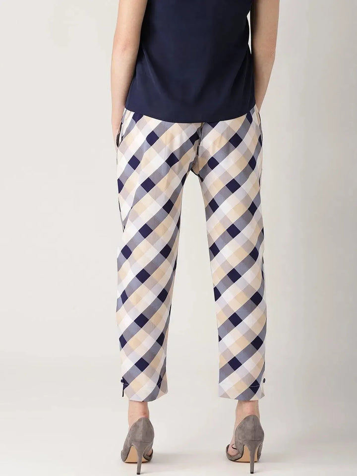 White Checkered Polyester Trousers - Libas
