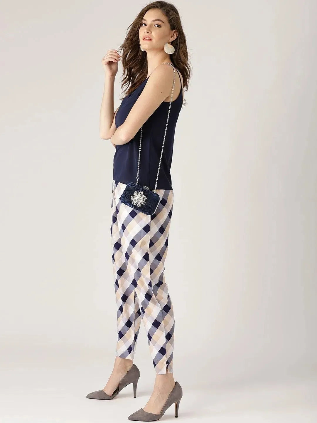 White Checkered Polyester Trousers - Libas 