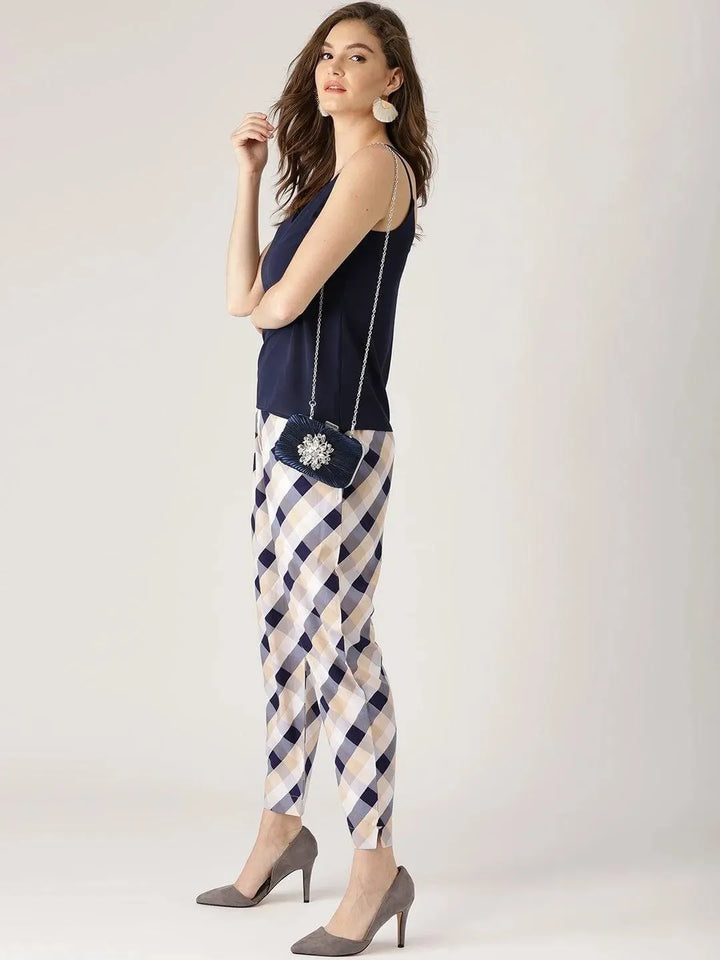 White Checkered Polyester Trousers - Libas