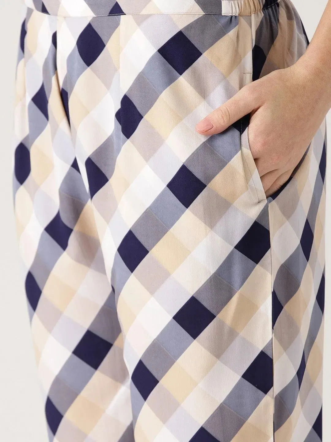 White Checkered Polyester Trousers - Libas 