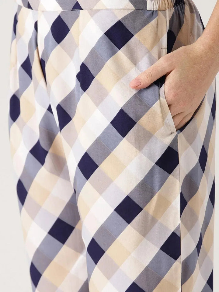 White Checkered Polyester Trousers - Libas