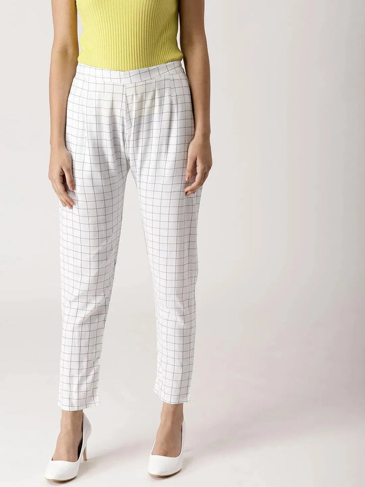 White Checkered Rayon Trousers - Libas