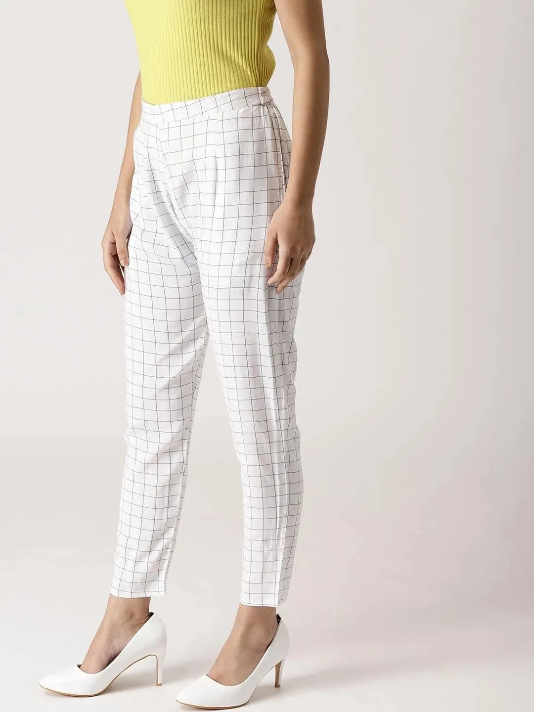 White Checkered Rayon Trousers - Libas 