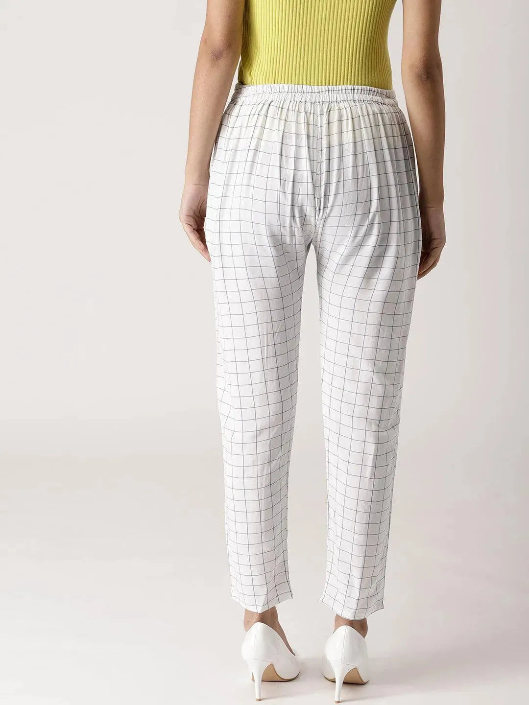 White Checkered Rayon Trousers - Libas 