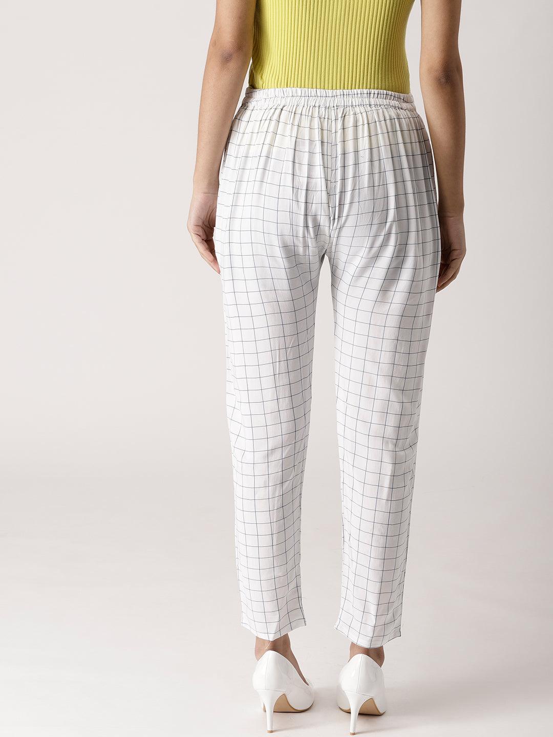 White Checkered Rayon Trousers - Libas