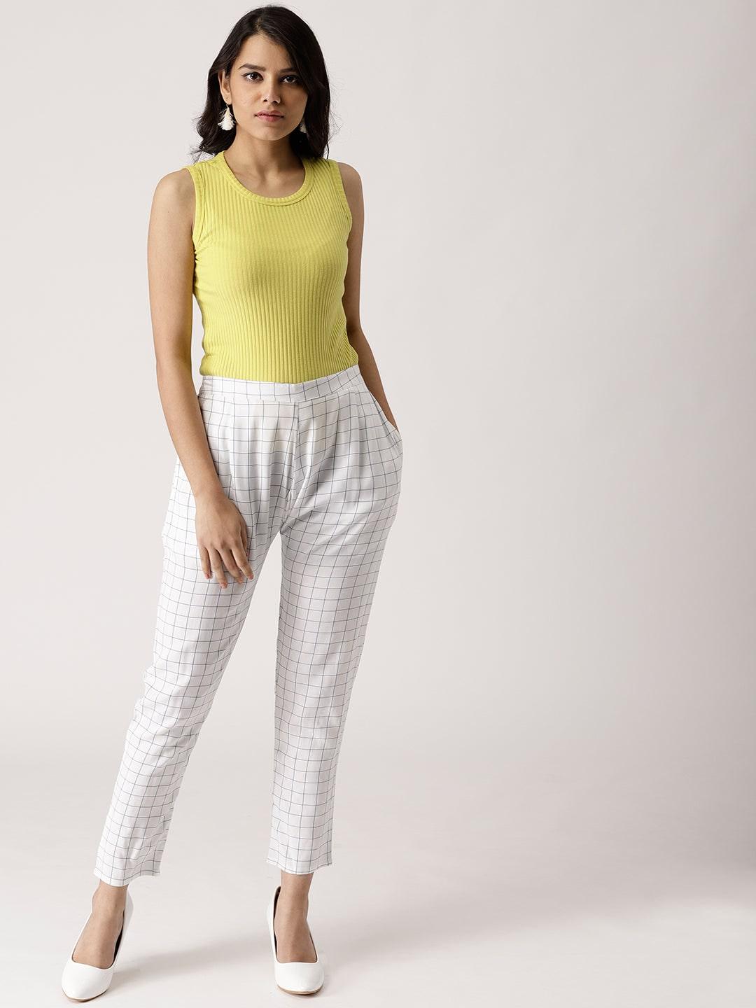 White Checkered Rayon Trousers