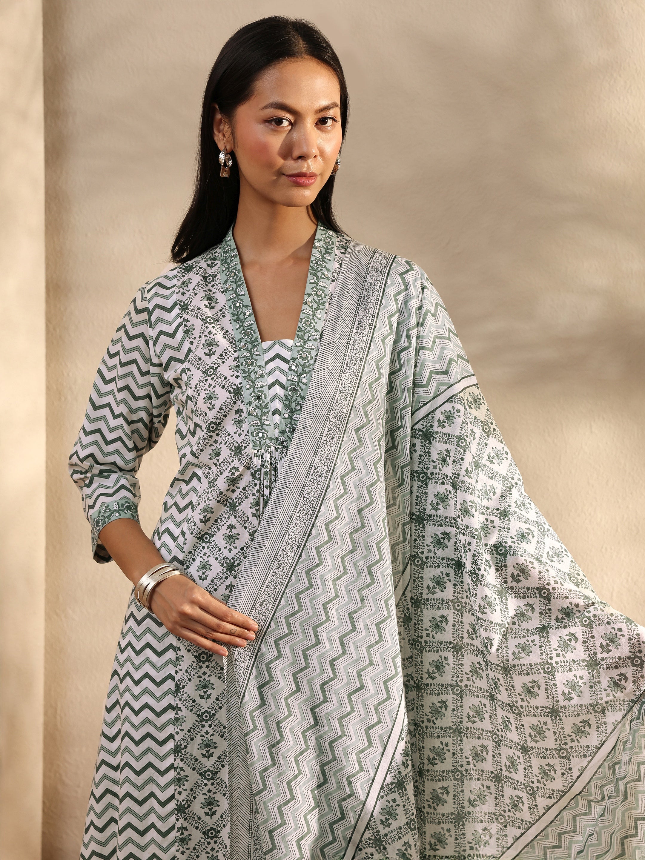 libas White Chevron Printed Cotton A-Line Suit Set With Dupatta-picture-62