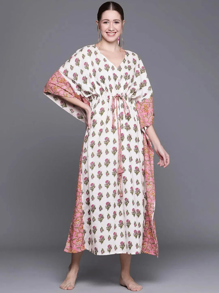 White Cotton Printed Kaftan Nightdress - Libas