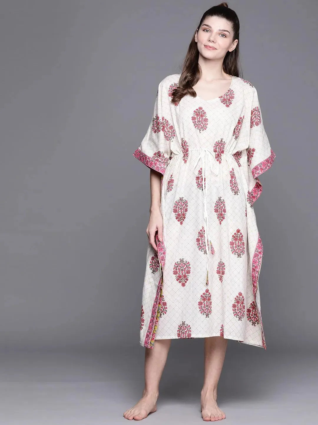 White Cotton Printed Kaftan Nightdress - Libas