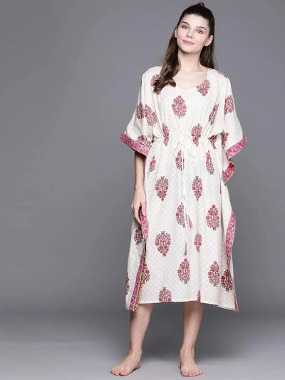 White Cotton Printed Kaftan Nightdress - Libas