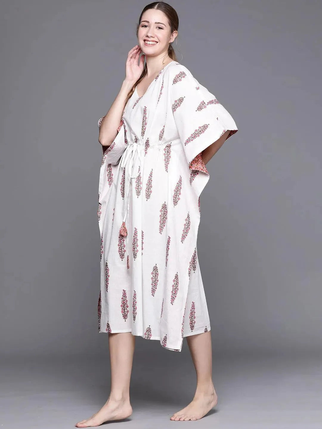 White Cotton Printed Kaftan Nightdress - Libas