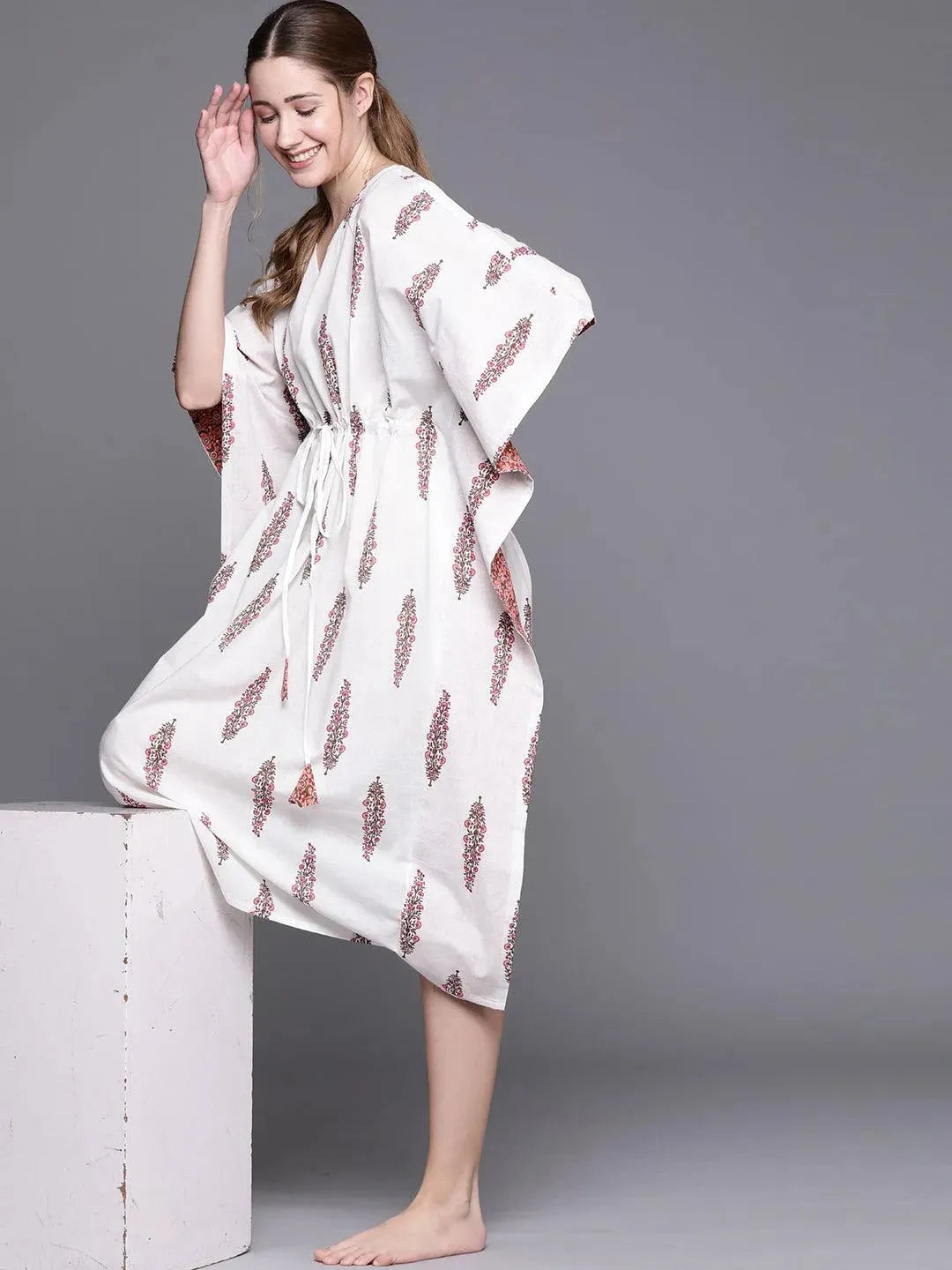 White Cotton Printed Kaftan Nightdress - Libas