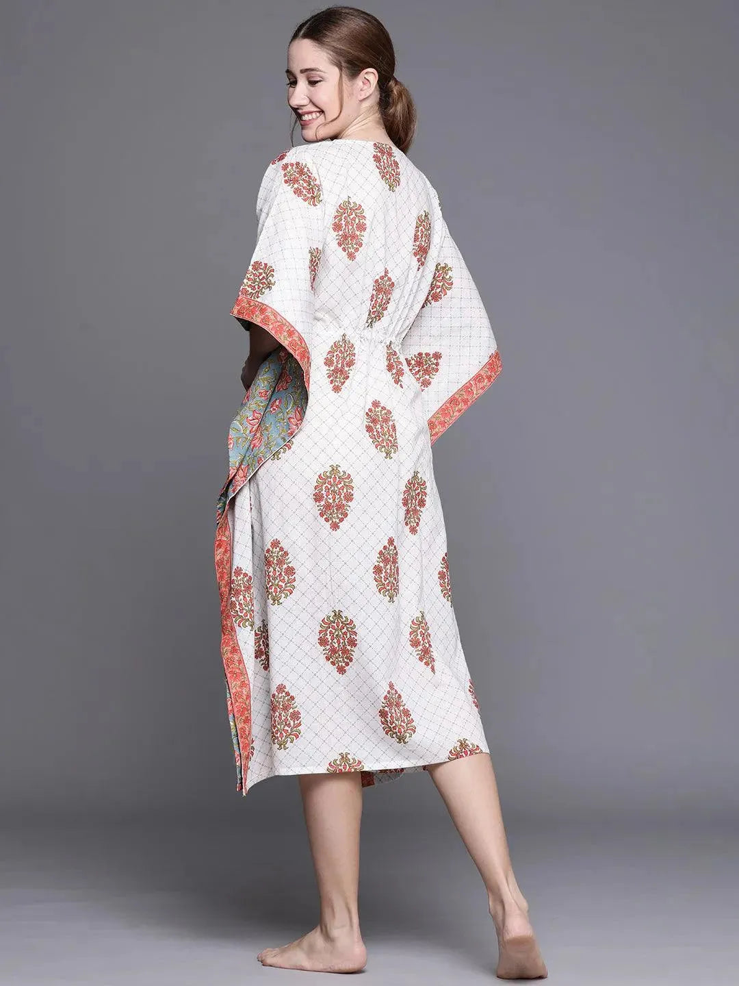 White Cotton Printed Kaftan Nightdress - Libas 