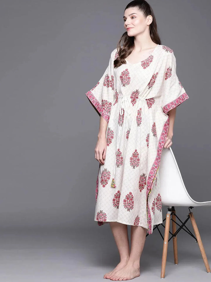 White Cotton Printed Kaftan Nightdress - Libas