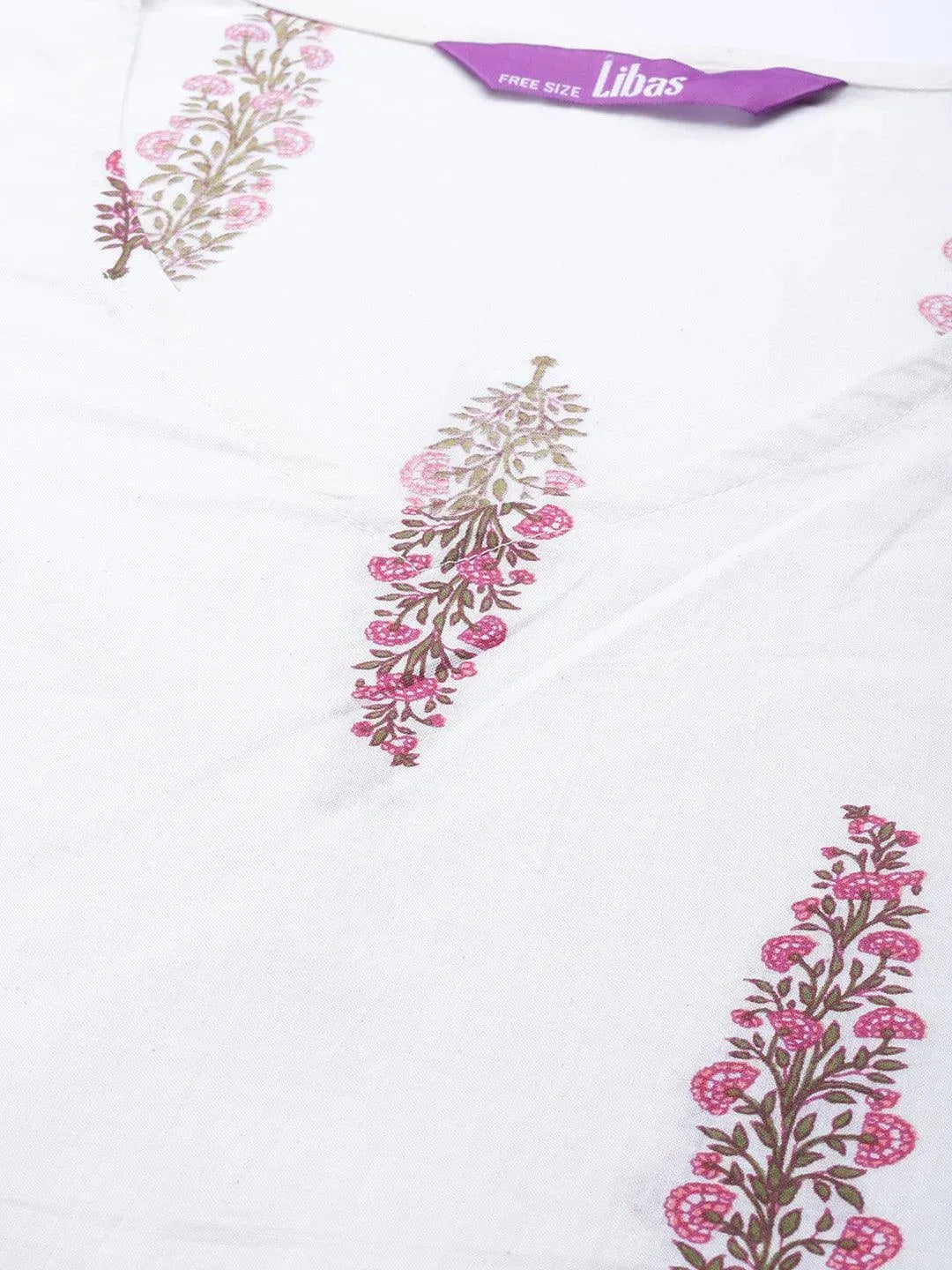 White Cotton Printed Kaftan Nightdress - Libas 