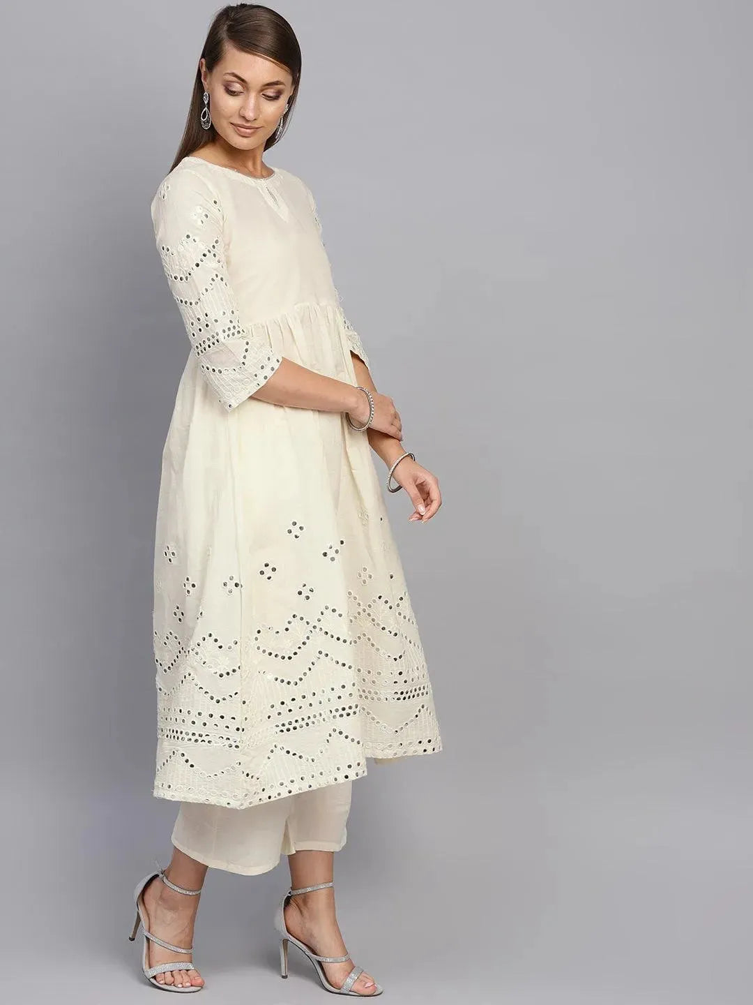 White Embroidered Cotton Kurta Set - Libas 