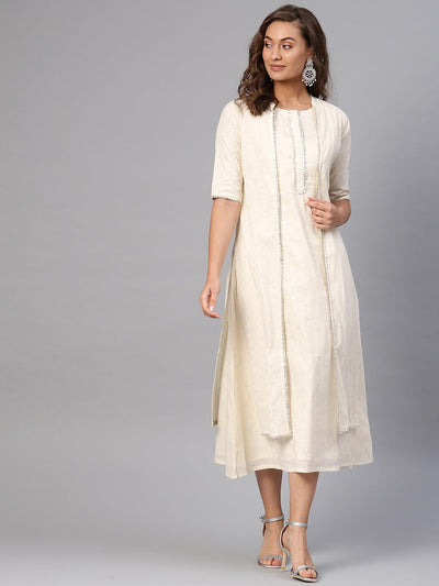 White Embroidered Cotton Dress With Shrug - Libas