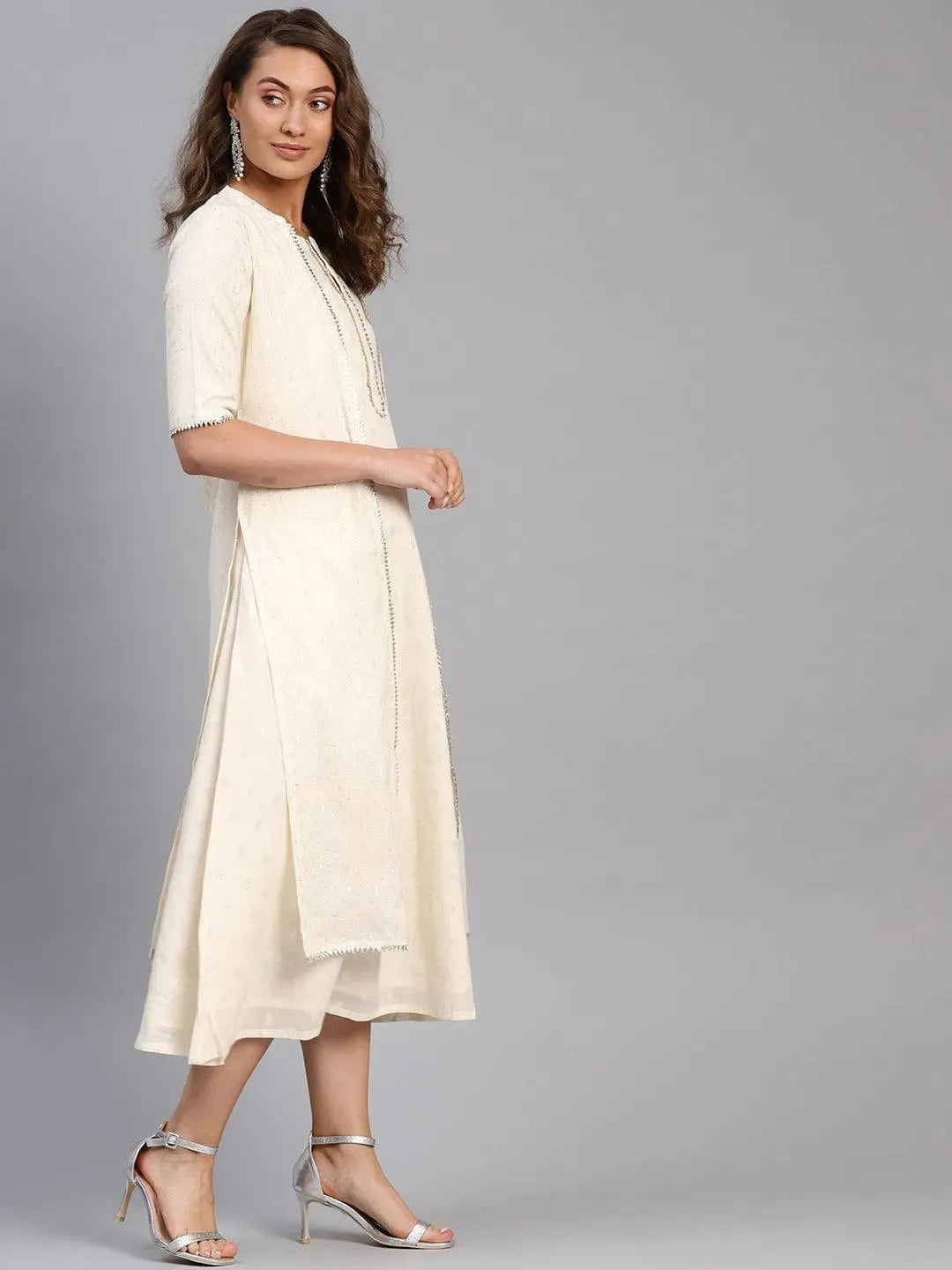 White Embroidered Cotton Dress With Shrug - Libas 