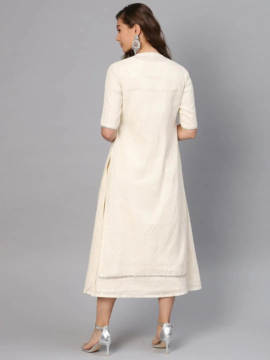 White Embroidered Cotton Dress With Shrug - Libas