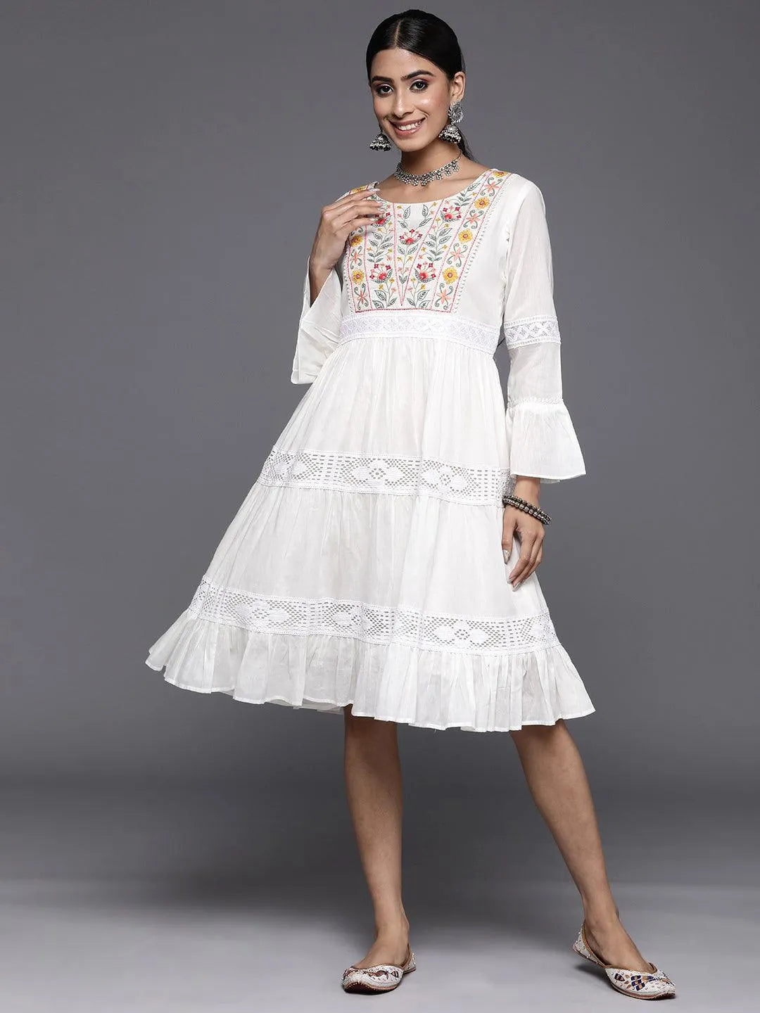 White Embroidered Cotton Fit and Flare Dress - Libas 