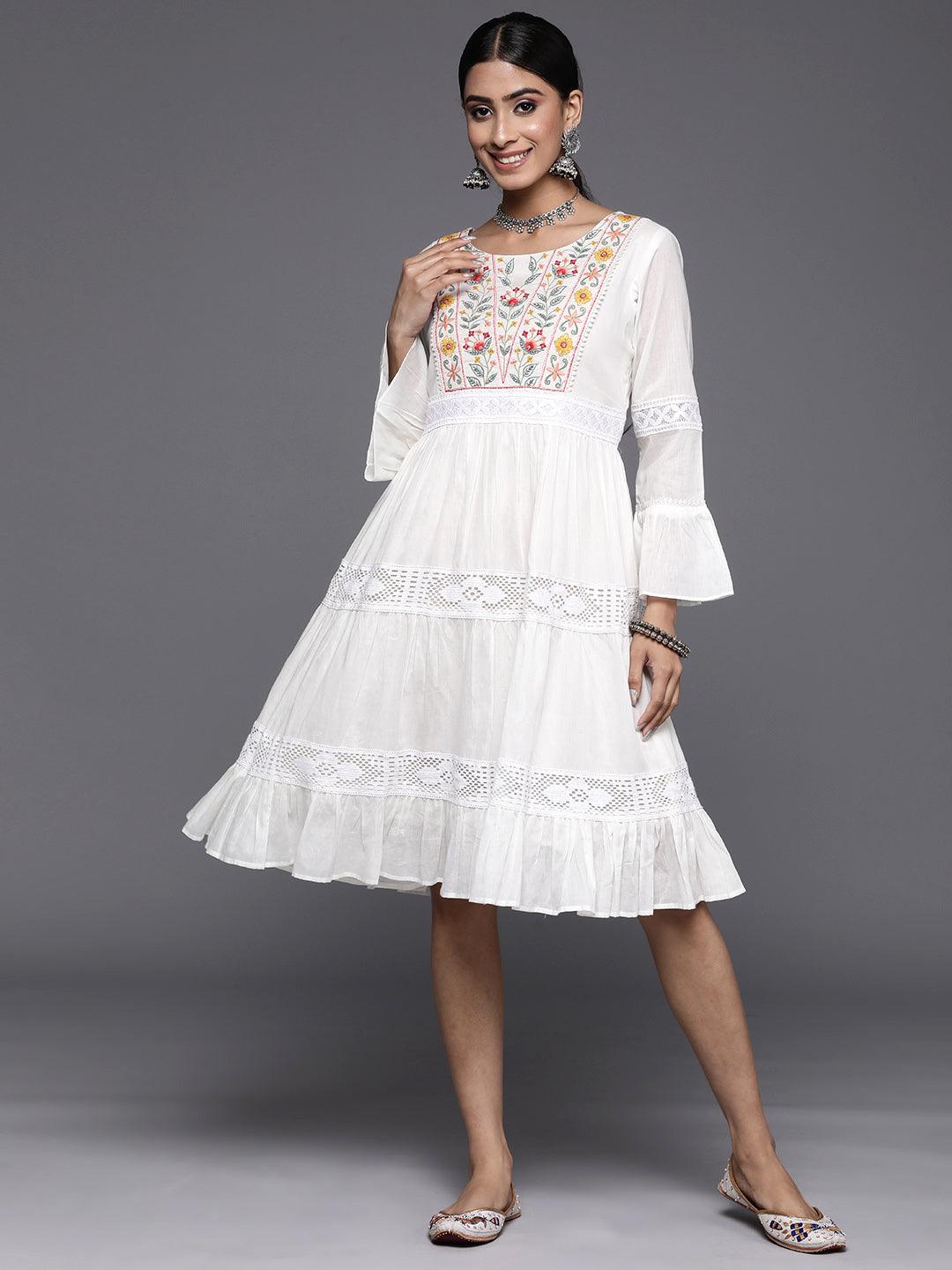 White Embroidered Cotton Fit and Flare Dress - Libas